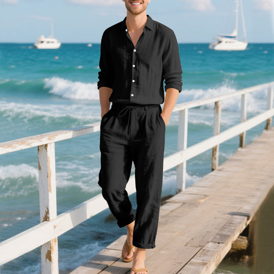 Herren entspannte Leinenhose mit verstellbarem Kordelzug und elastischem Bund EB