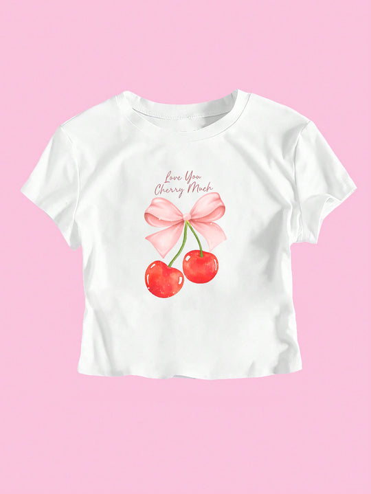 Damen Crop-Top mit fröhlichem Kirschmotiv und Schleifendruck EB