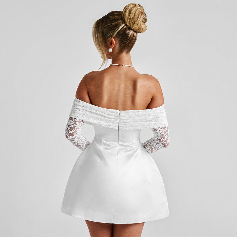 Damen Offshoulder Minikleid mit Spitzenärmeln und taillierter Silhouette EB