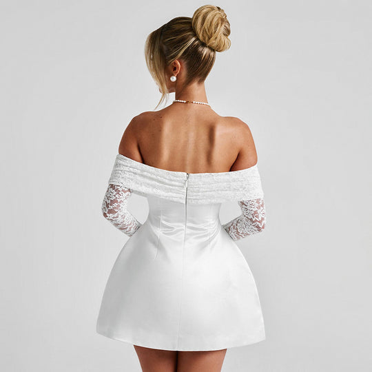 Damen Offshoulder Minikleid mit Spitzenärmeln und taillierter Silhouette EB