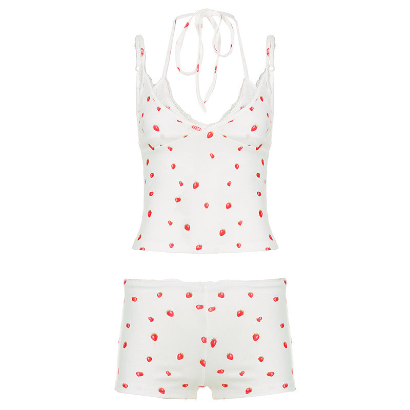 Damen Pyjama-Set mit verspieltem Früchte-Muster und Spaghetti-Trägern EB
