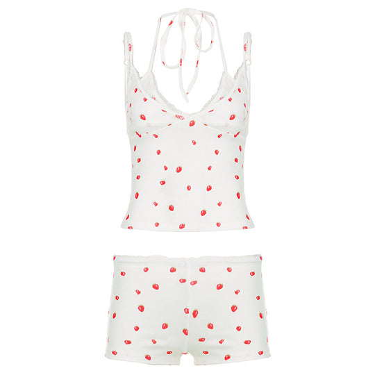 Damen Pyjama-Set mit verspieltem Früchte-Muster und Spaghetti-Trägern EB