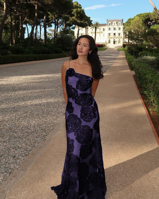 Damen elegant geschnittenes Abendkleid mit floralem Muster und raffinierten Details EB