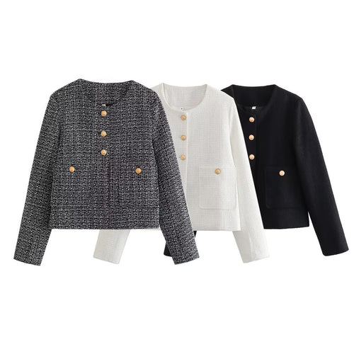 Damen Kurze Tweedjacke mit dekorativen Knöpfen EB