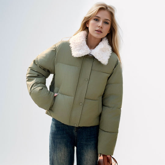 Damen kurze, gefütterte Winterjacke mit elegantem Kunstfellkragen EB
