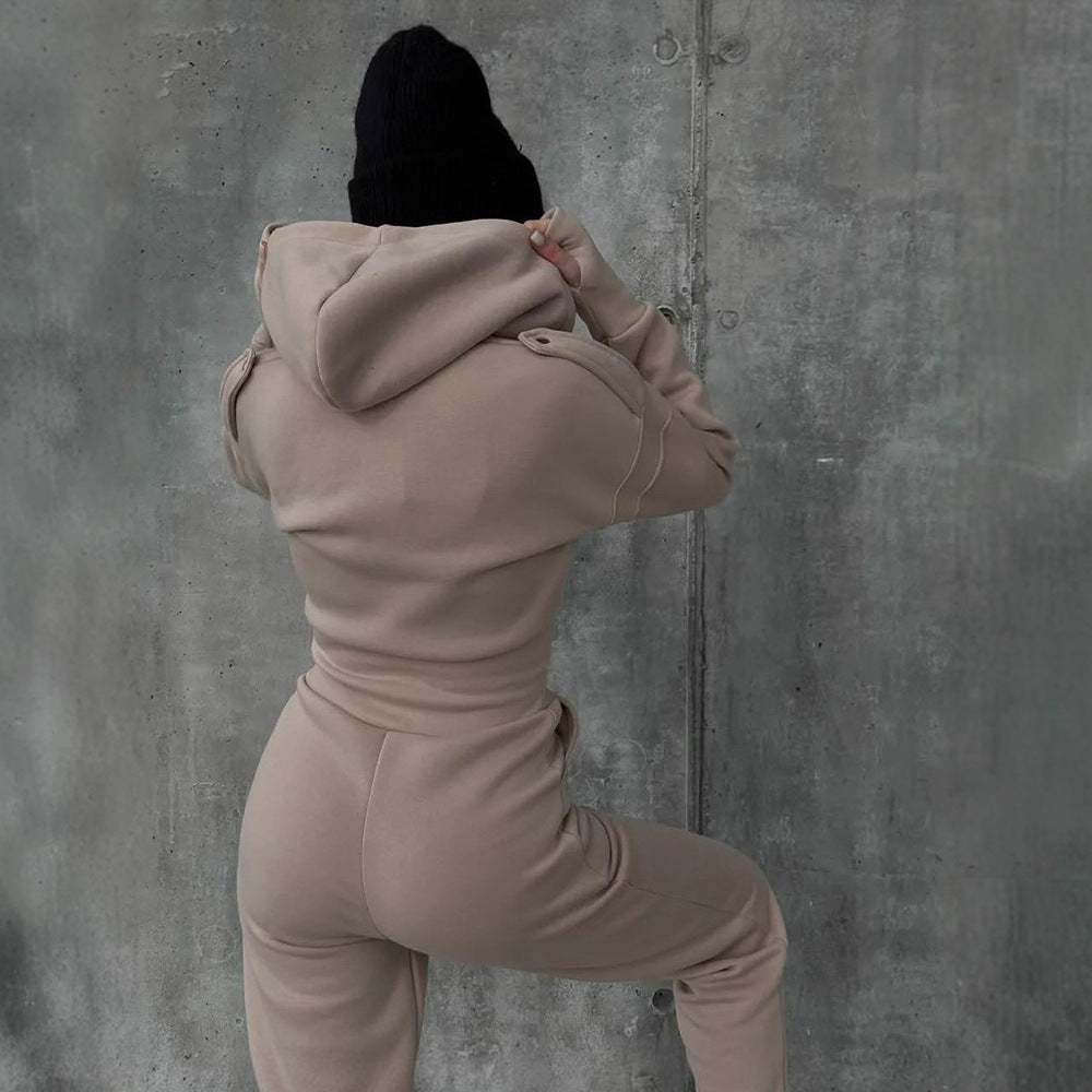 Damen Figurbetontes Kapuzen-Loungewear-Set mit tailliertem Zip-Hoodie und High-Waist Jogginghose EB