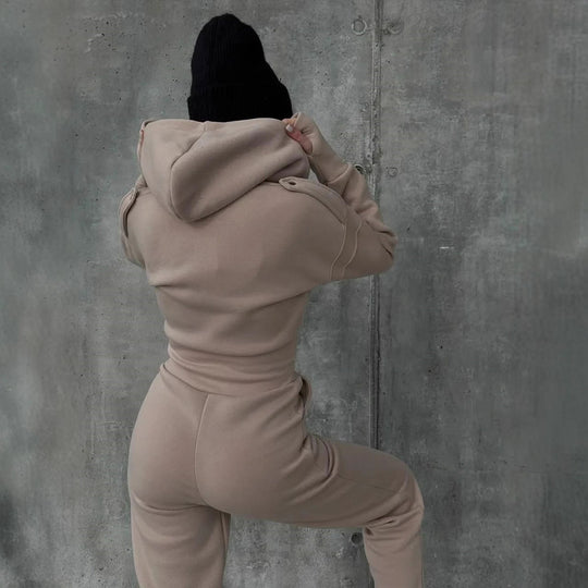 Damen Figurbetontes Kapuzen-Loungewear-Set mit tailliertem Zip-Hoodie und High-Waist Jogginghose EB