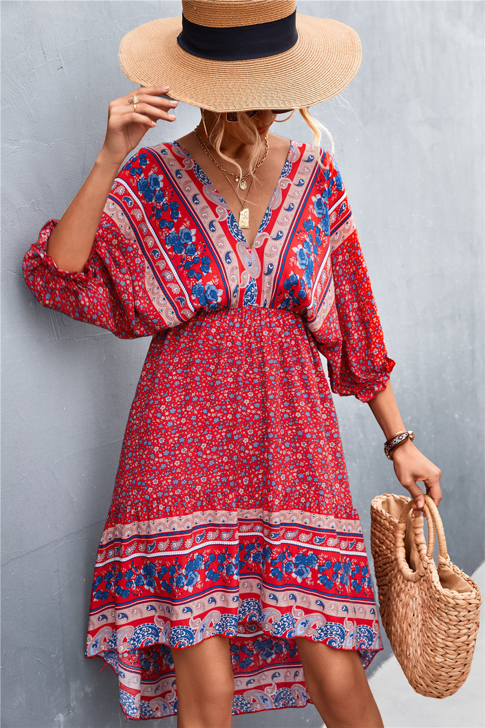 Damen Langarmkleid mit boho-inspiriertem Druck und elastischem Bund EB