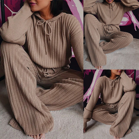 Damen Geripptes Strick-Loungewear-Set mit Kapuzenpullover und weiter Kordelzughose EB