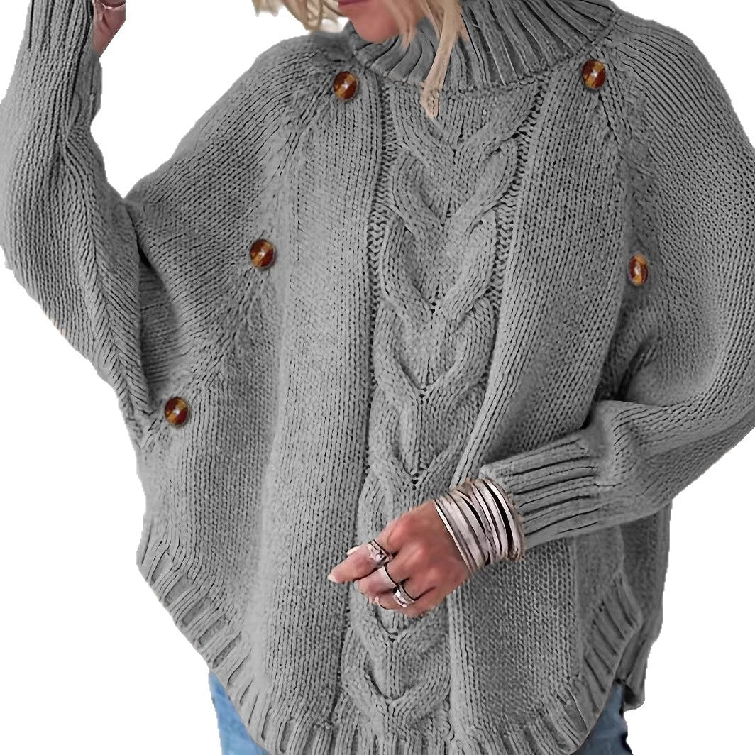 Damen Lockere Strickpullover mit hohem Kragen und dekorativen Knöpfen EB