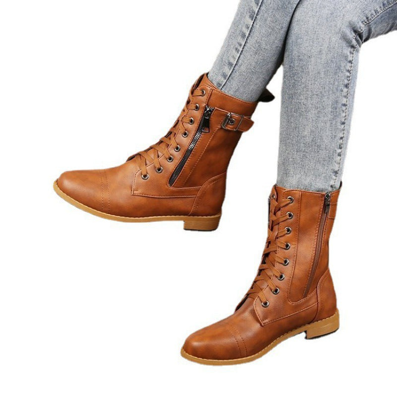 Damen nan knöchelhohe Schnürstiefel aus Lederimitat mit seitlichem Reißverschluss und strapazierfähiger Profilsohle EB