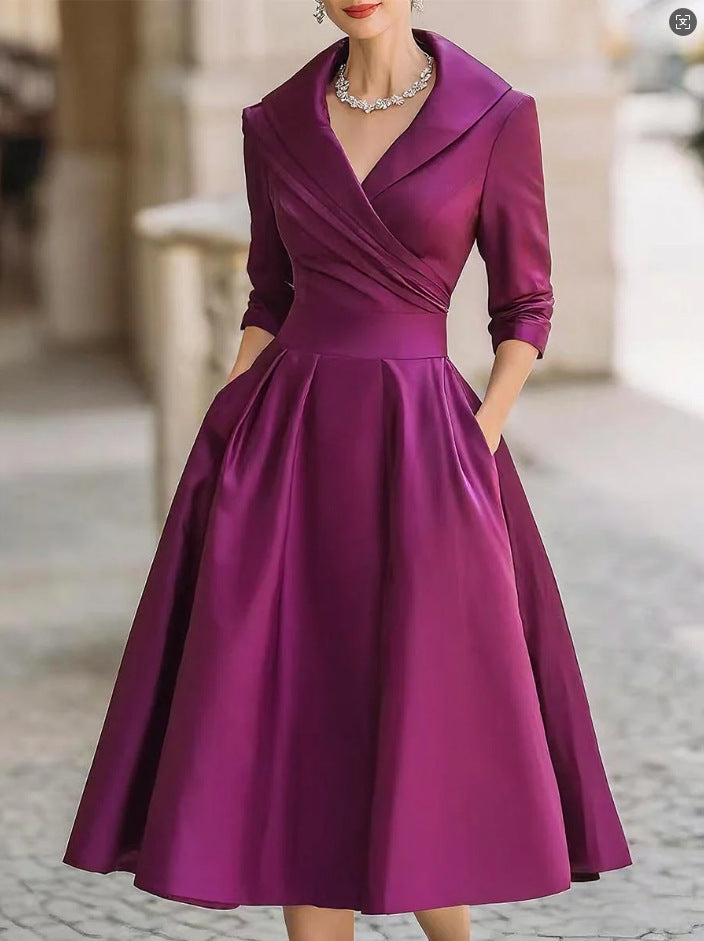 Damen nan elegantes Midikleid mit Wickeloberteil, Dreiviertelärmeln und Eingrifftaschen EB