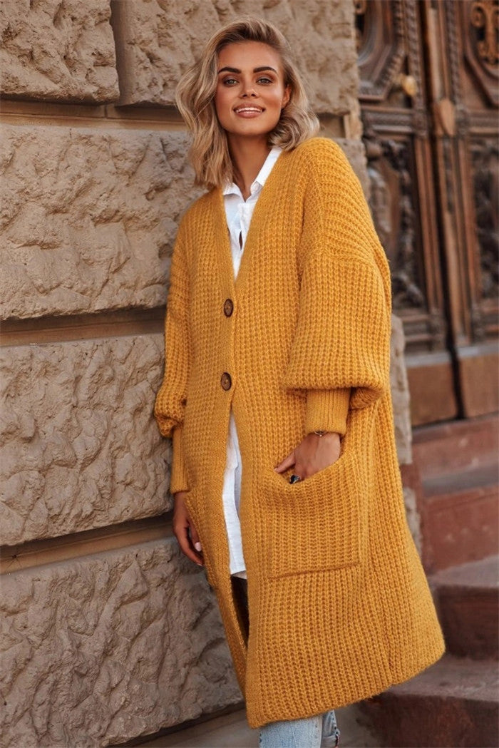 Damen Grober Strickmantel mit praktischen Taschen und modischem Knopfverschluss EB