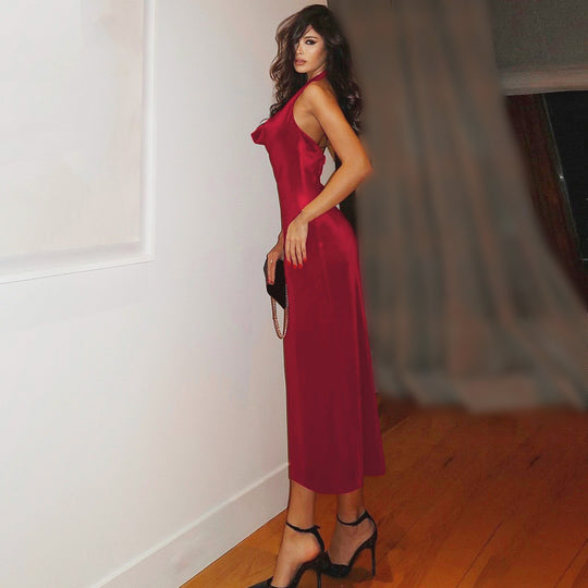 Damen Elegantes Satin-Langarmkleid mit figurbetontem Schnitt und schwingendem Rock EB
