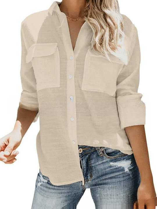 Damen leichte Sommerbluse mit zwei Brusttaschen und aufgerollten Ärmeln EB
