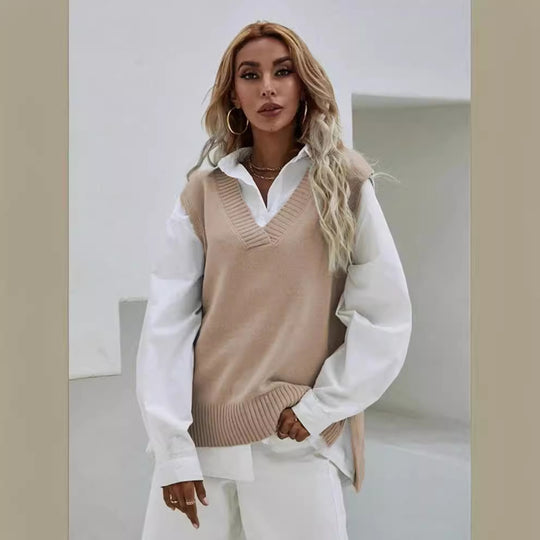Damen Strickweste mit V-Ausschnitt und modernen Details EB