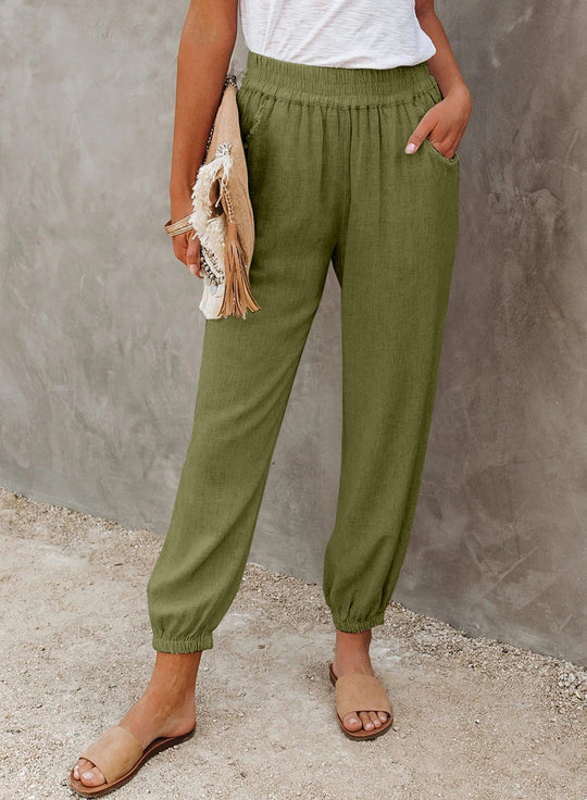 Damen lässige Leinen-Hose mit elastischem Bund und Gummizug EB
