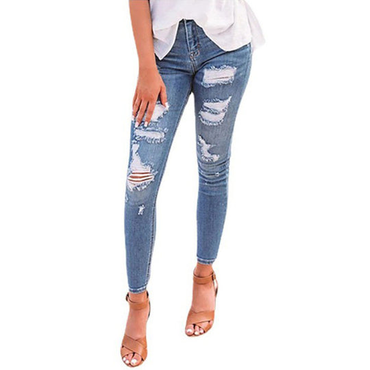Damen nan hochgeschnittene Ripped-Skinny-Jeans mit Stretch, Five‑Pocket und figurformender Passform EB