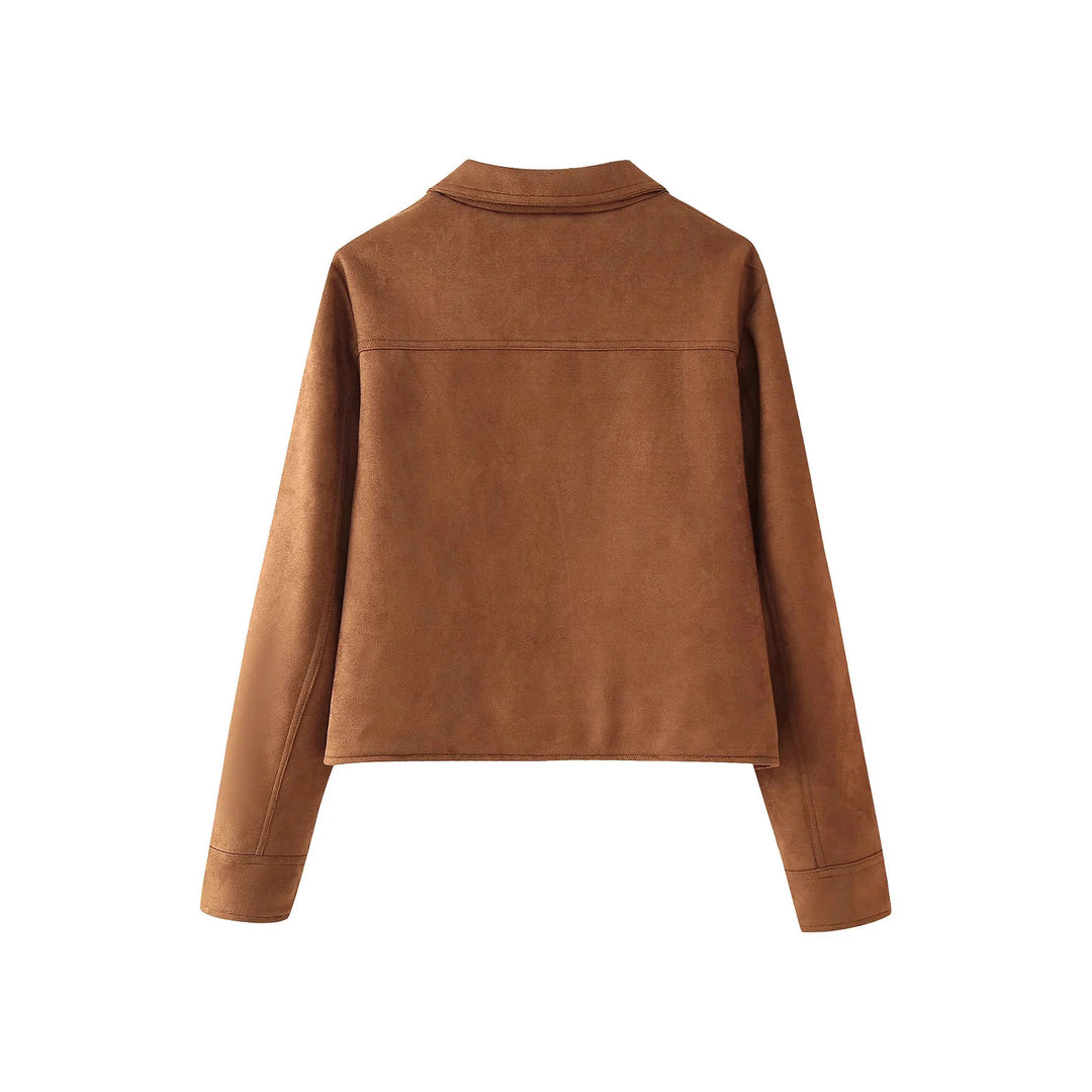 Damen modische Kurzjacke aus Wildlederimitat mit praktischen Taschen und elegantem Kragen EB