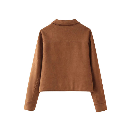Damen modische Kurzjacke aus Wildlederimitat mit praktischen Taschen und elegantem Kragen EB