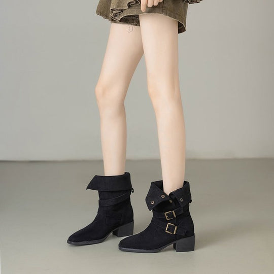 Damen Modische Stiefeletten mit verstellbaren Riemen und robustem Blockabsatz EB