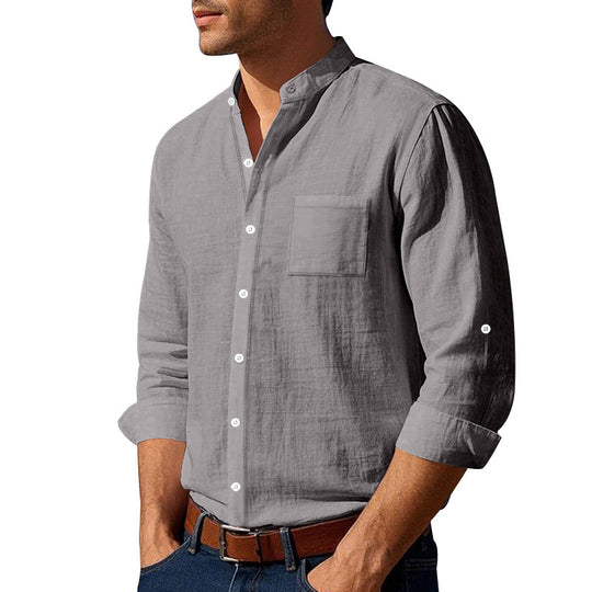 Herren nan leichtes Leinenhemd mit Stehkragen und aufgesetzter Brusttasche in regular Fit EB