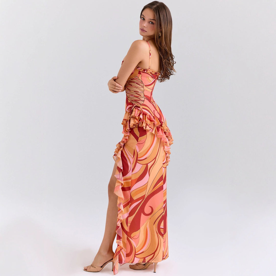 Damen Maxi-Kleid mit Rüschendetails und fließendem Muster EB
