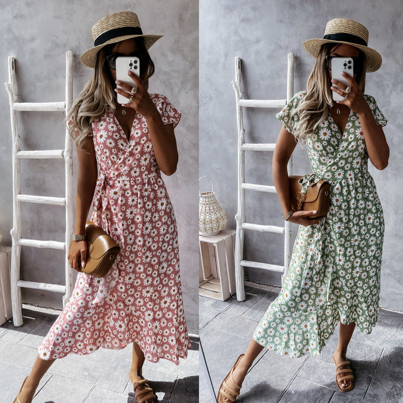 Damen florales Wickelkleid mit kurzem Ärmel und schwingendem Rock EB
