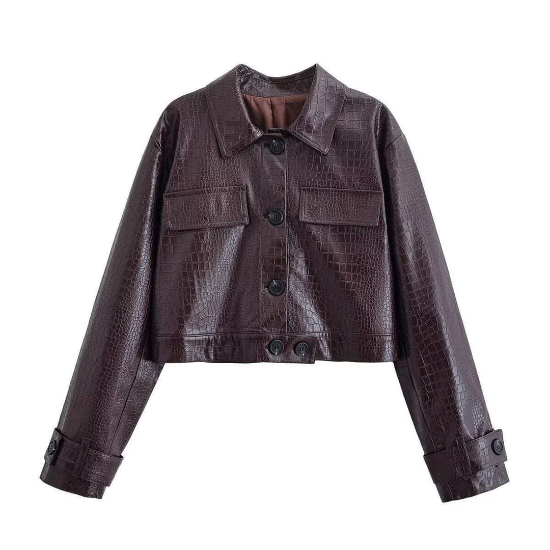 Damen nan gerade geschnittene Kunstlederhose mit Krokoprägung und hoher Taille EB