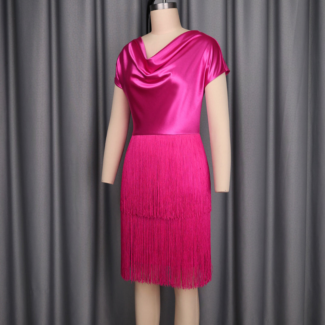 Damen schimmerndes Fransen Kleid mit eleganter Drapierung EB