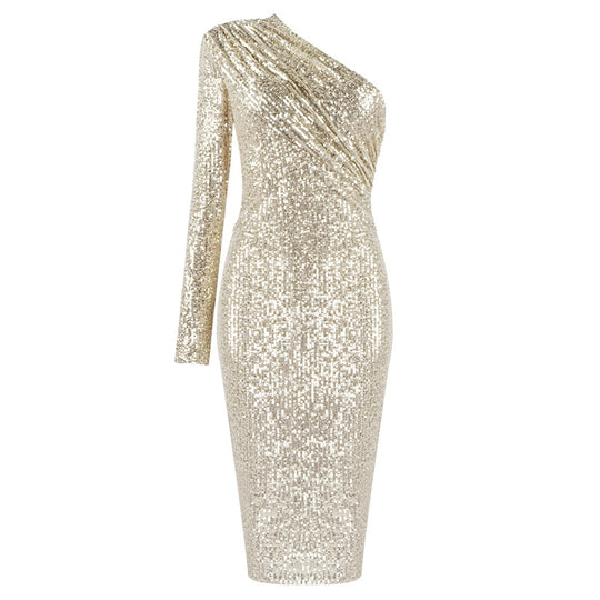 Damen Glitzerndes Etuikleid mit asymmetrischem Ausschnitt und langem Arm EB