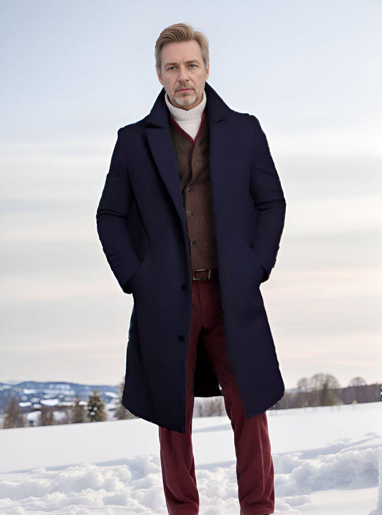 Herren nan langer Wollmixmantel mit Boucléstruktur, taillierter Silhouette und klassischem Revers EB