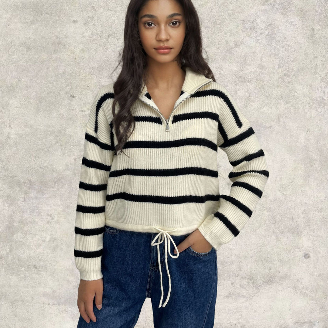 Damen Strickpullover mit halbem Reißverschluss und lässiger Übergangsstruktur EB