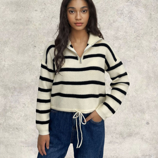 Damen Strickpullover mit halbem Reißverschluss und lässiger Übergangsstruktur EB