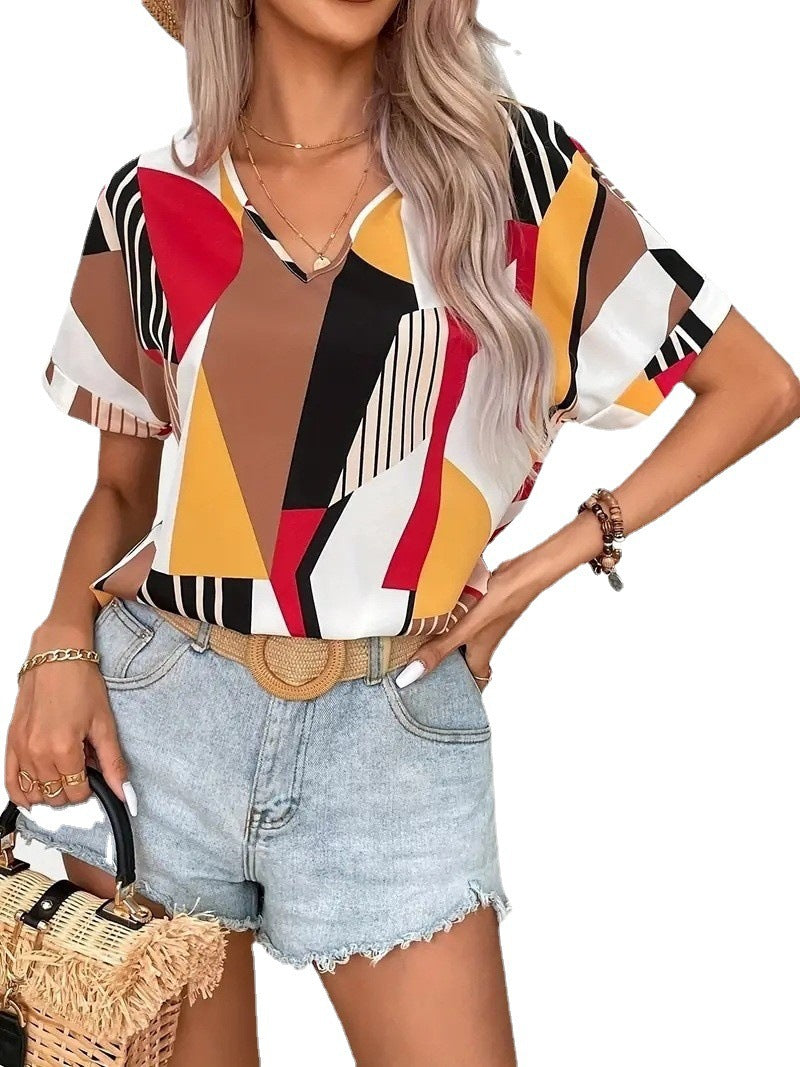 Damen V-Ausschnitt T-Shirt mit geometrischem Muster EB