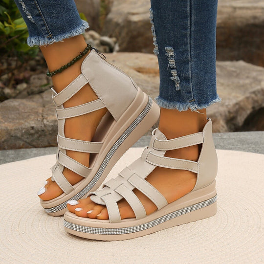 Damen Keil-Sandalen mit Gladiator-Riemen, Reißverschluss und gepolstertem Plateau EB