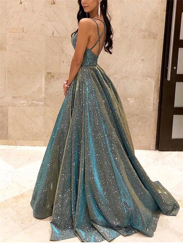 EB | Damen Spaghettiträger V-Ausschnitt A-Linie Glitzer Maxi Ballkleid