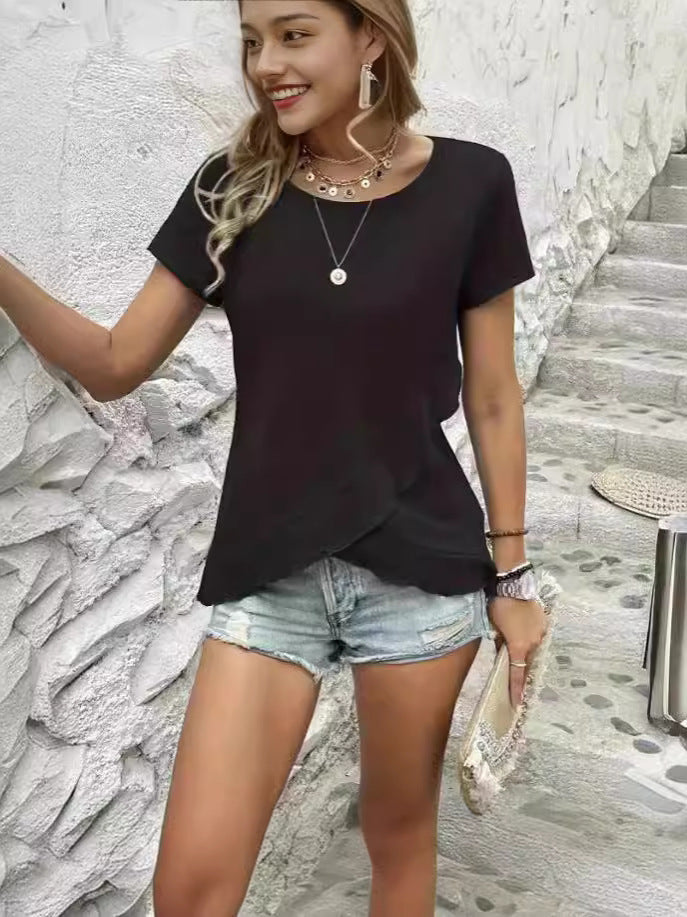 Damen lässiges asymmetrisches T-Shirt mit Rundhalsausschnitt und Raffung EB