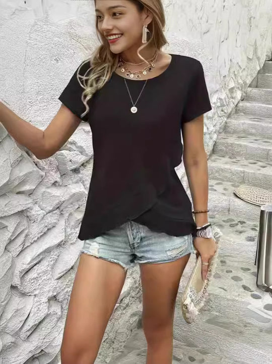 Damen lässiges asymmetrisches T-Shirt mit Rundhalsausschnitt und Raffung EB