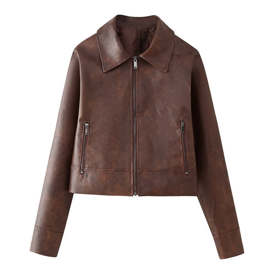 Damen cropped Kunstlederjacke mit stylischem Stehkragen und Reißverschlusstaschen EB