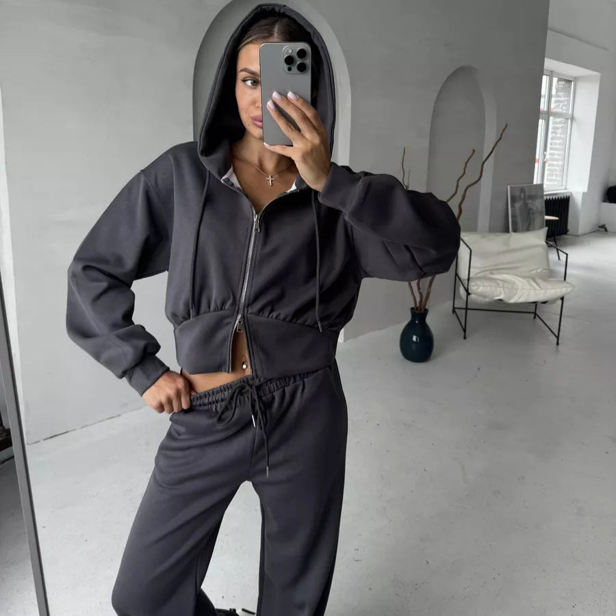 Damen Zweiteiliges Loungewear-Set mit gekürzter Zip-Kapuzenjacke und weitem High‑Waist Jogginghose EB