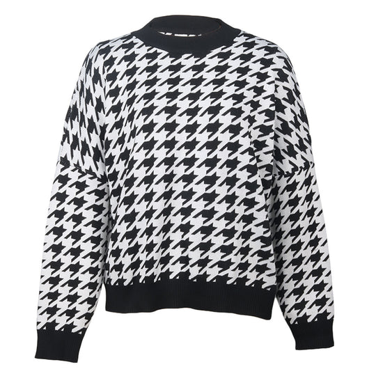 Damen Grobstrickpullover mit modernem Hahnentrittmuster und lässigem Schnitt EB