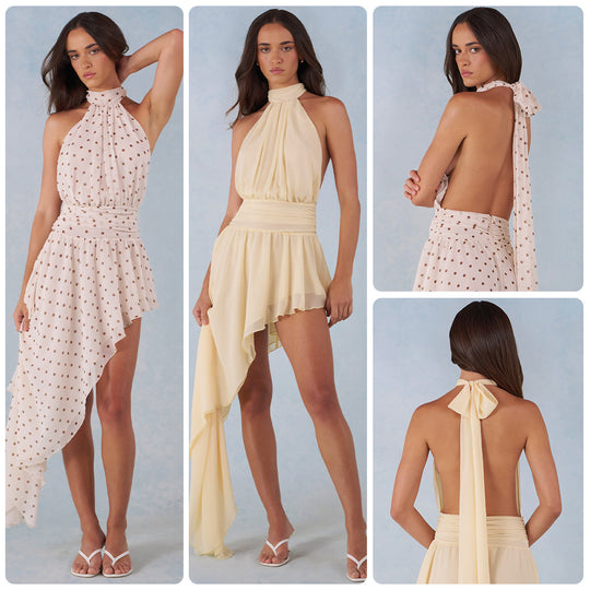 Damen Hochgeschlossenes Minikleid mit asymmetrischem Rock und fließendem Stoff EB