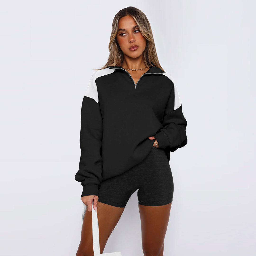 Damen lässiger Sweatshirt mit halbem Reißverschluss und kontrastierenden Ärmeln EB