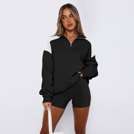 Damen lässiger Sweatshirt mit halbem Reißverschluss und kontrastierenden Ärmeln EB