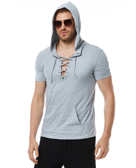 Herren Kapuzen-T-Shirt mit innovativem Schnürdesign und praktischer Kängurutasche EB
