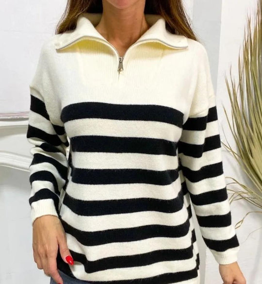 Damen gemusterter Pullover mit Stehkragen und Reißverschluss EB
