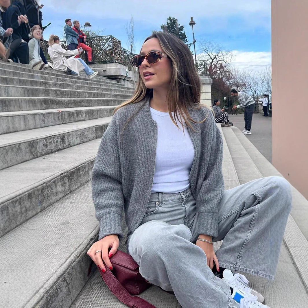Damen modische Strickjacke mit hohem Kragen und Reißverschluss EB
