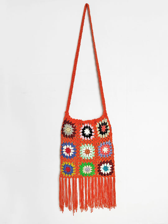 Damen gehäkelte Umhängetasche mit bunten Blumenmustern und Fransen EB