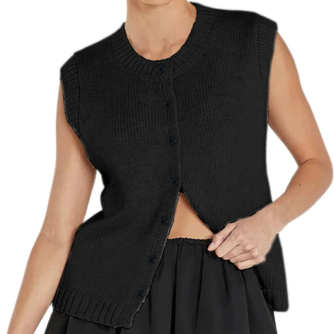 Damen gestrickte ärmellose Knopf-Weste mit Rippkragen EB